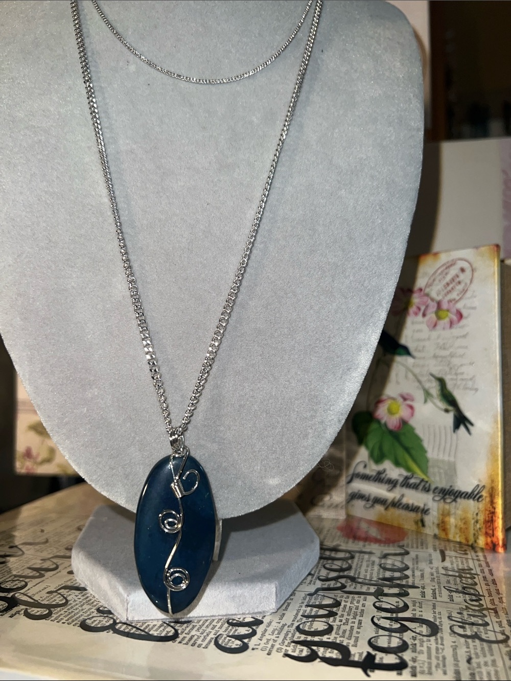 Silver Chain Necklace with Dark Blue Agate Oval Pendant - Women's Jewelry